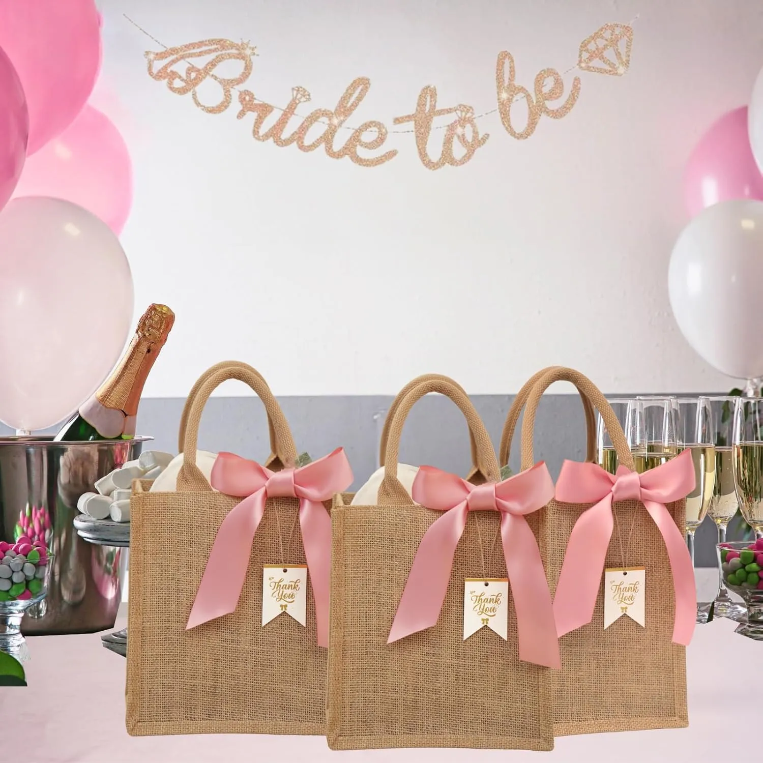 10 Pack Bridesmaid Bachelorette Gift BagsBulk Small Burlap Jute Tote for Wedding Welcome Bridal Shower with Pink Ribbon