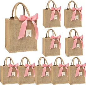 10 Pack Bridesmaid Bachelorette Gift BagsBulk Small Burlap Jute Tote for Wedding Welcome Bridal Shower with Pink Ribbon