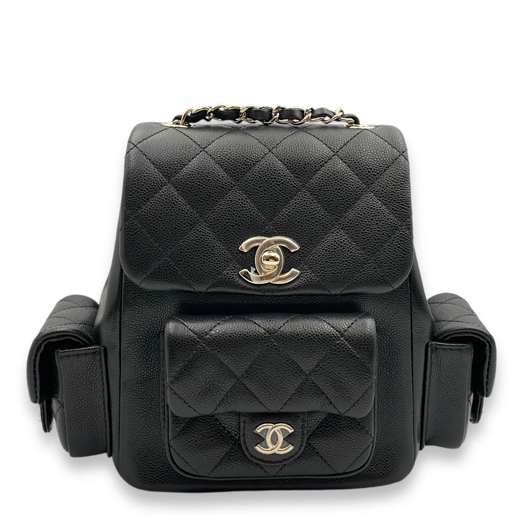 23K Quilted Triple Duma 19.5x18x10 Black Backpack in Caviar Leather, Gold hardware