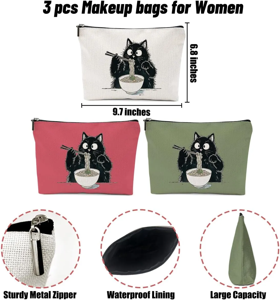 3 Pack Funny Noodles Ramen Cat Lover Gifts Cat Gifts for Women Girls Bestie Mum Teacher Makeup Bag,Travel Essentials Cosmetic Bags for Women, Travel Toiletry Bag Mothers Day Birthday Anniversary