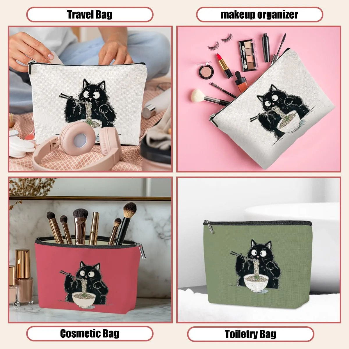 3 Pack Funny Noodles Ramen Cat Lover Gifts Cat Gifts for Women Girls Bestie Mum Teacher Makeup Bag,Travel Essentials Cosmetic Bags for Women, Travel Toiletry Bag Mothers Day Birthday Anniversary