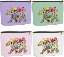 4 Pack Cute Bear Wildflower Makeup Bag,Cosmetic Bags for Women,Travel Toiletry Bag Flower Bear Themed Gifts for Women Girls Floral Bears Lovers Mom Bestie Birthday Christmas Graduation Vacation