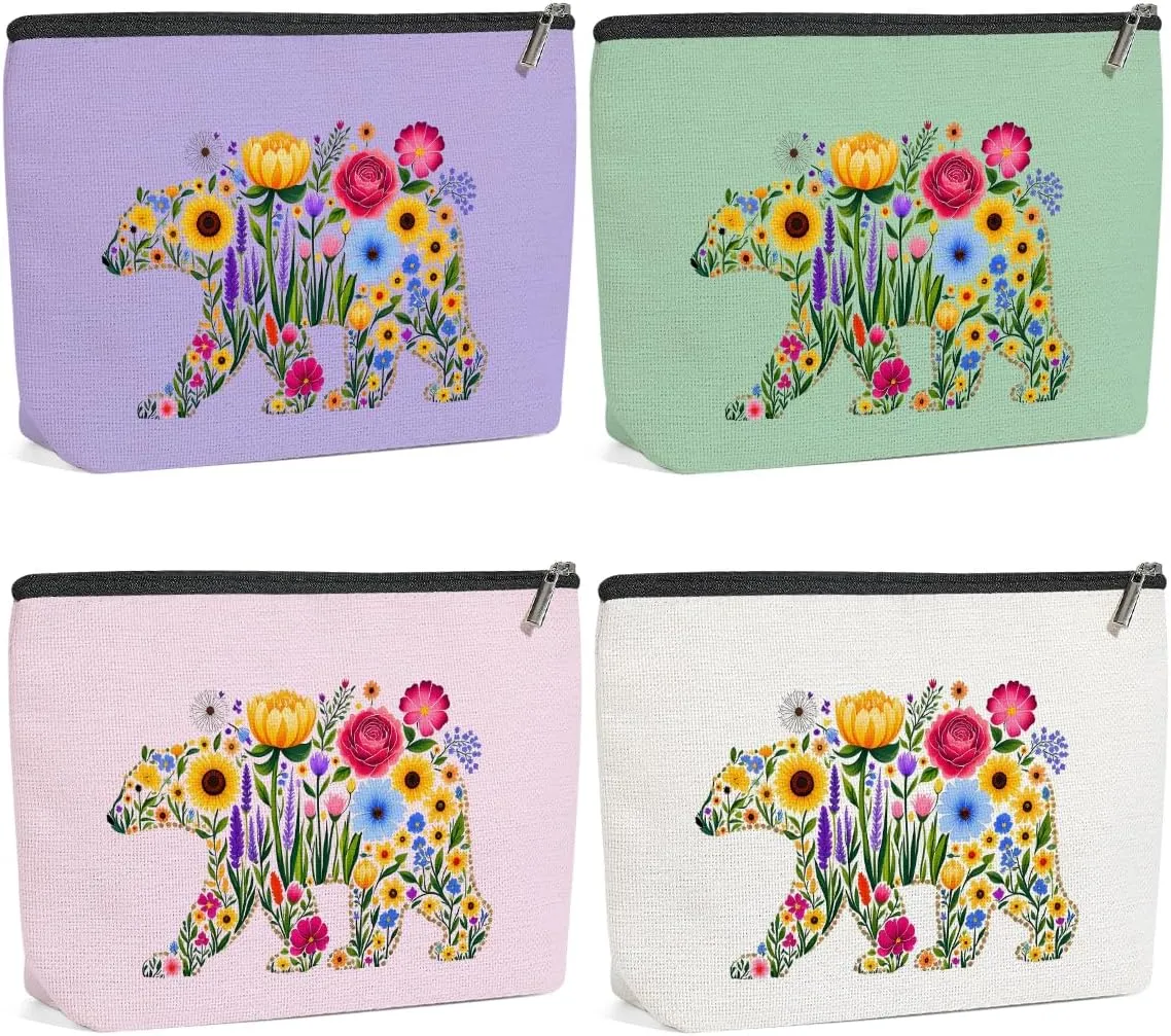 4 Pack Cute Bear Wildflower Makeup Bag,Cosmetic Bags for Women,Travel Toiletry Bag Flower Bear Themed Gifts for Women Girls Floral Bears Lovers Mom Bestie Birthday Christmas Graduation Vacation