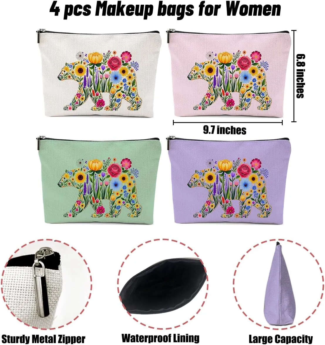 4 Pack Cute Bear Wildflower Makeup Bag,Cosmetic Bags for Women,Travel Toiletry Bag Flower Bear Themed Gifts for Women Girls Floral Bears Lovers Mom Bestie Birthday Christmas Graduation Vacation