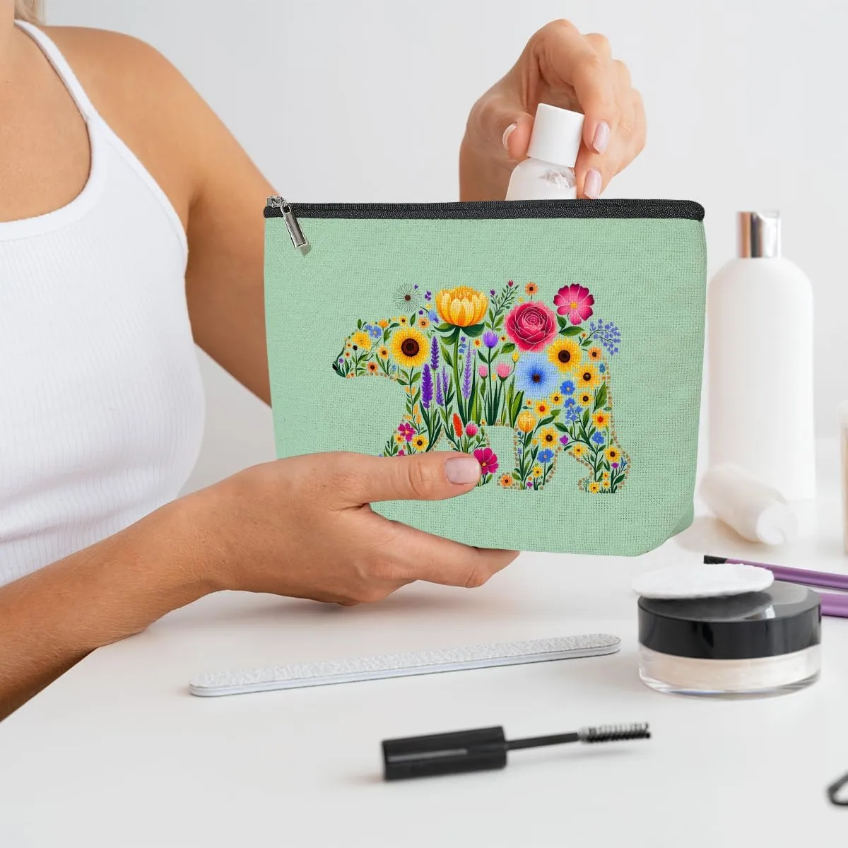 4 Pack Cute Bear Wildflower Makeup Bag,Cosmetic Bags for Women,Travel Toiletry Bag Flower Bear Themed Gifts for Women Girls Floral Bears Lovers Mom Bestie Birthday Christmas Graduation Vacation