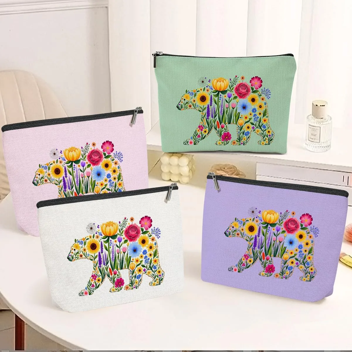 4 Pack Cute Bear Wildflower Makeup Bag,Cosmetic Bags for Women,Travel Toiletry Bag Flower Bear Themed Gifts for Women Girls Floral Bears Lovers Mom Bestie Birthday Christmas Graduation Vacation