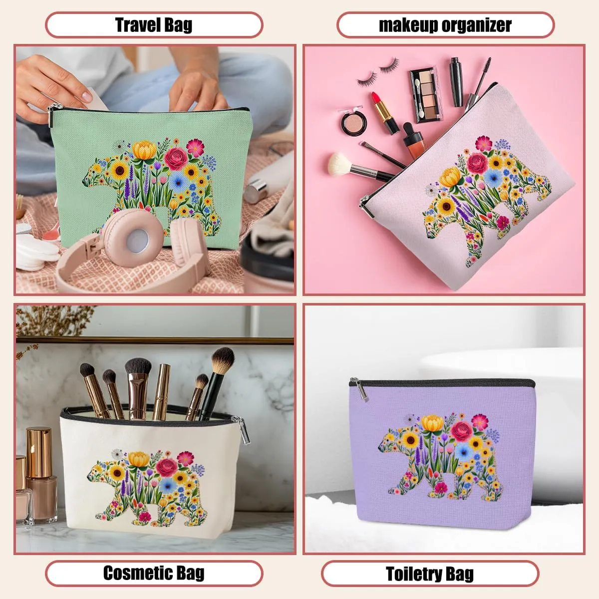 4 Pack Cute Bear Wildflower Makeup Bag,Cosmetic Bags for Women,Travel Toiletry Bag Flower Bear Themed Gifts for Women Girls Floral Bears Lovers Mom Bestie Birthday Christmas Graduation Vacation