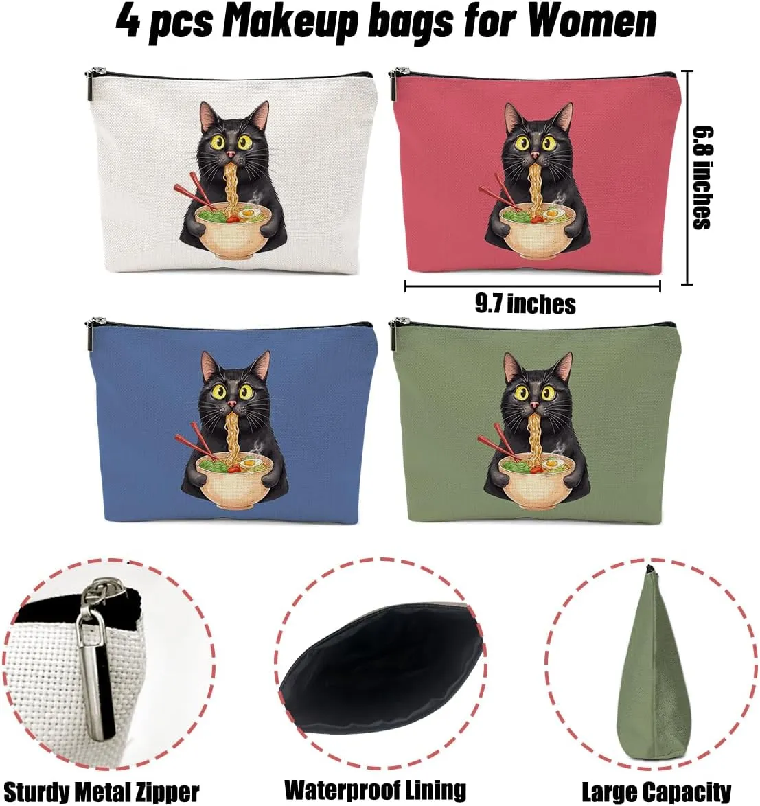 4 Pack Funny Noodles Cat Lover Gifts Cat Gifts for Women Mum Bestie Teacher Girls Trip Makeup Bag,Travel Essentials Cosmetic Bags for Women, Travel Toiletry Bag Friendship Birthday Christmas