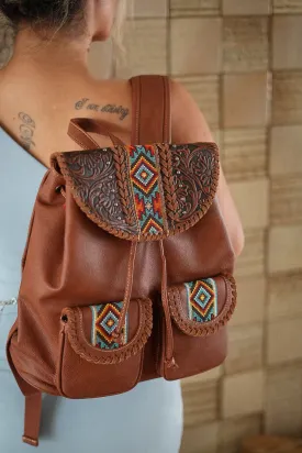 Aztec Inspired Vegan Tooled Leather Backpack in Wildlife Brown