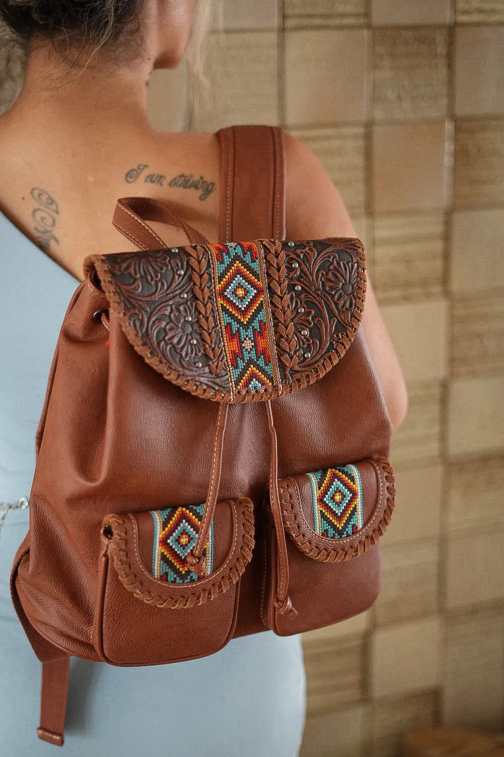 Aztec Inspired Vegan Tooled Leather Backpack in Wildlife Brown