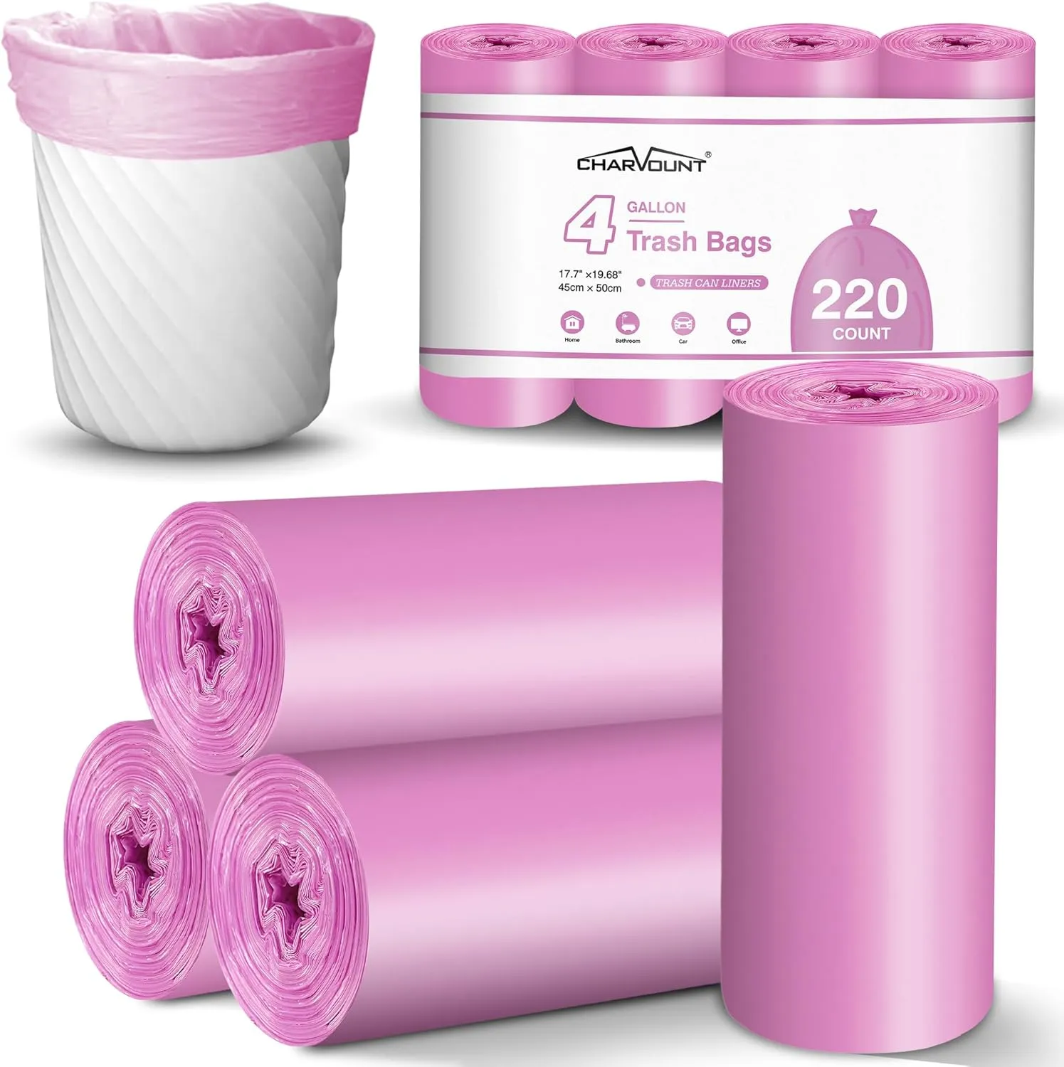 Charmount 4 Gallon Trash Bags 220 Count, Small Mini Garbage Bags for Bathroom Can Kitchen Bedroom,Unscented, Hot Pink