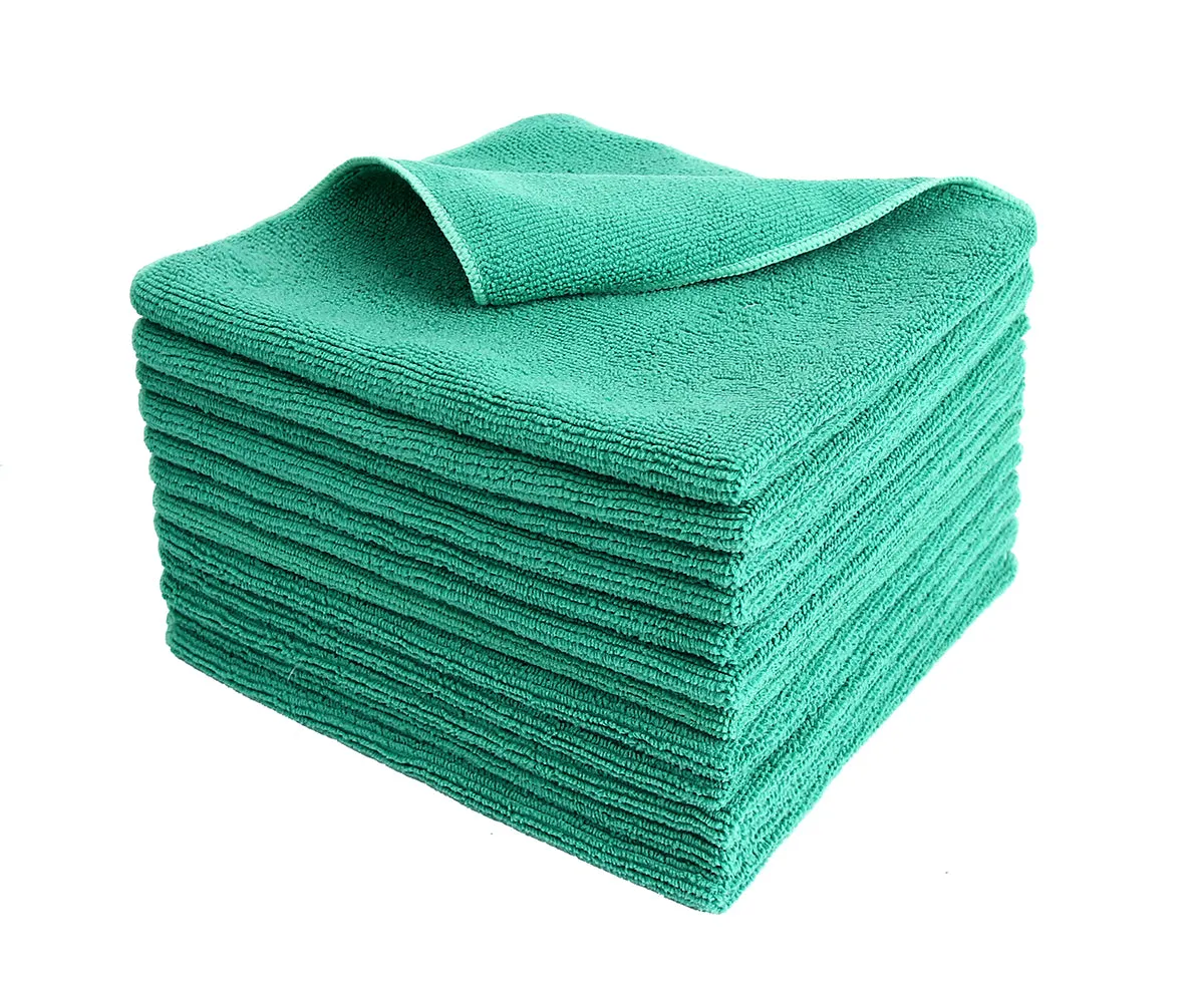 Commercial Grade Microfiber Cleaning Cloths, 12 Pack - Green for Kitchens & Food Service Environments