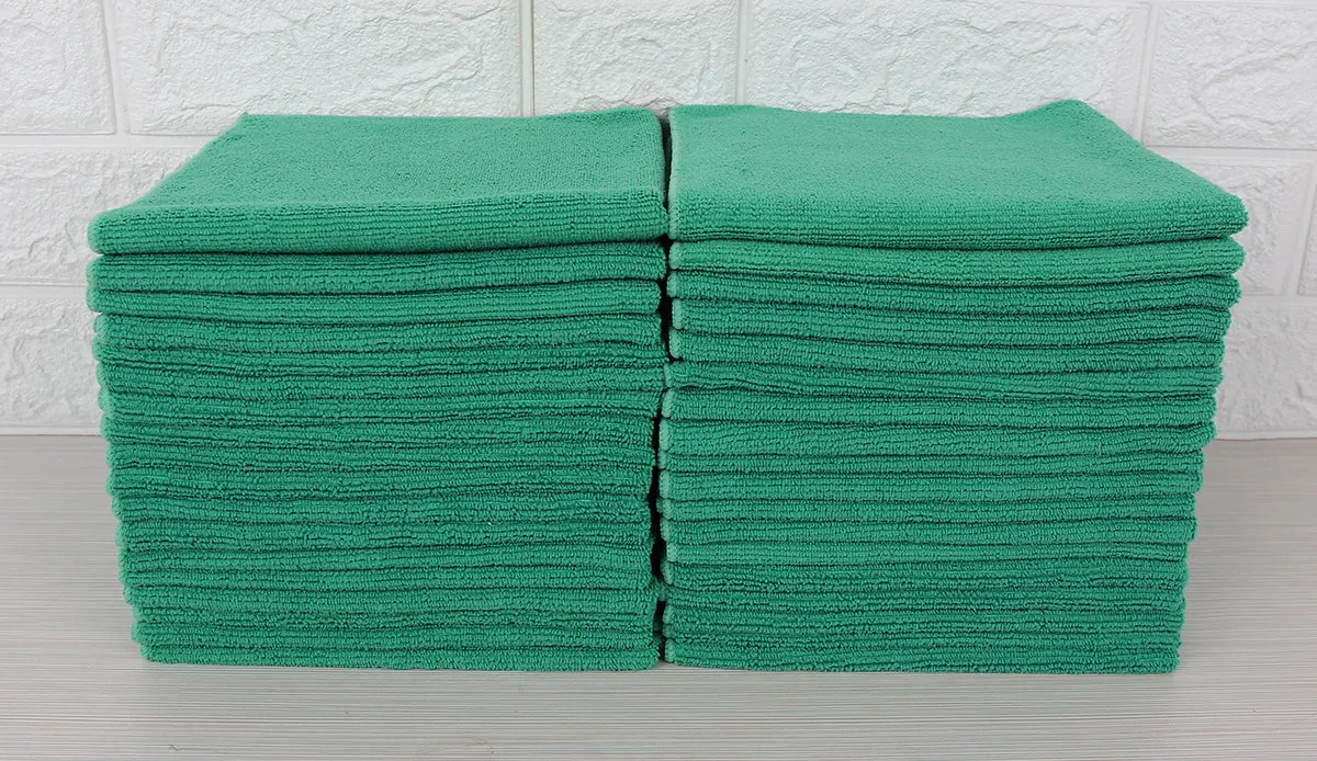 Commercial Grade Microfiber Cleaning Cloths, 12 Pack - Green for Kitchens & Food Service Environments