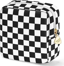 Desing Wish 5.1'' x 5.1'' Small Makeup Bag for Purse Flocked Material Mini Travel Makeup Bag with Two Inner Pockets Portable Cute Cosmetic Bags for Women (Black-White Checker)