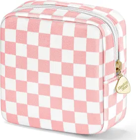 Desing Wish 5.1'' x 5.1'' Small Makeup Bag for Purse Flocked Material Mini Travel Makeup Bag with Two Inner Pockets Portable Cute Cosmetic Bags for Women (Pink-White Checker)