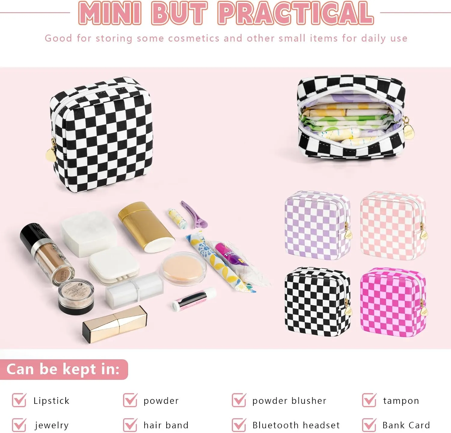 Desing Wish 5.1'' x 5.1'' Small Makeup Bag for Purse Flocked Material Mini Travel Makeup Bag with Two Inner Pockets Portable Cute Cosmetic Bags for Women (Pink-White Checker)