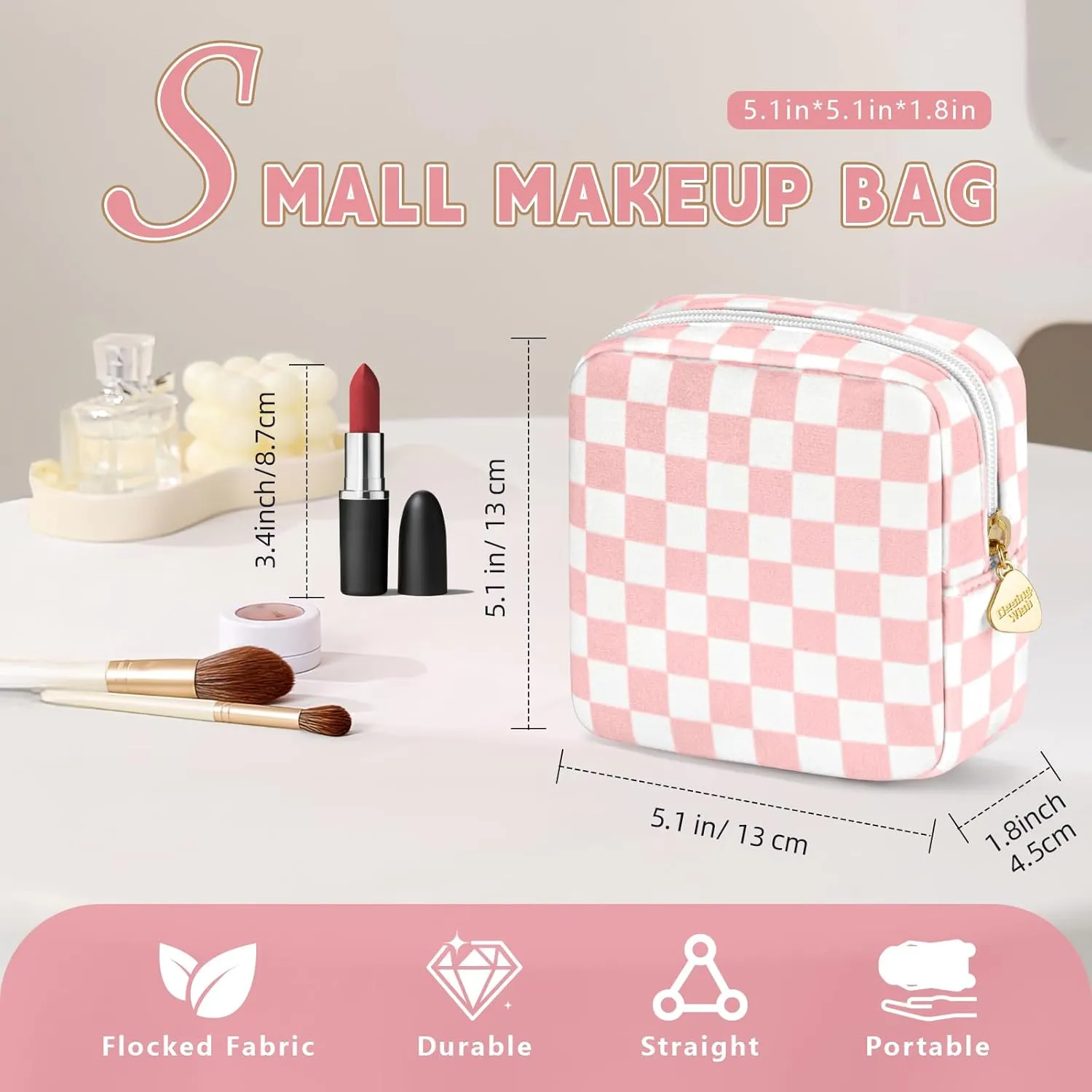 Desing Wish 5.1'' x 5.1'' Small Makeup Bag for Purse Flocked Material Mini Travel Makeup Bag with Two Inner Pockets Portable Cute Cosmetic Bags for Women (Pink-White Checker)