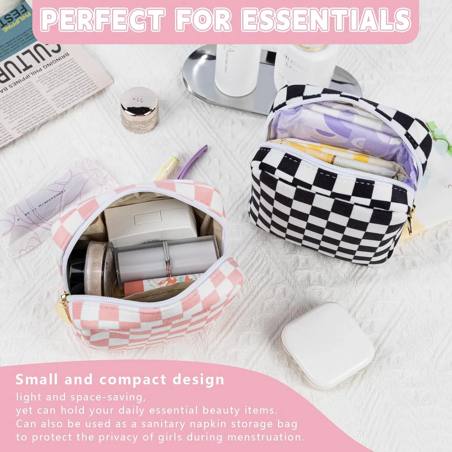 Desing Wish 5.1'' x 5.1'' Small Makeup Bag for Purse Flocked Material Mini Travel Makeup Bag with Two Inner Pockets Portable Cute Cosmetic Bags for Women (Pink-White Checker)