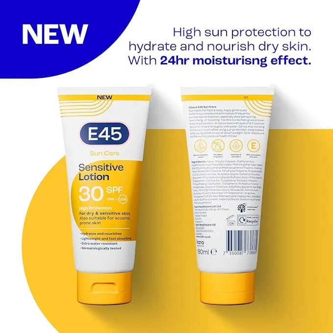 E45 Sun SPF30 Sensitive Sun Cream with Vitamin E - UVA and UVB Protection and Dermatologically Tested Sun Lotion For Body (180ml)