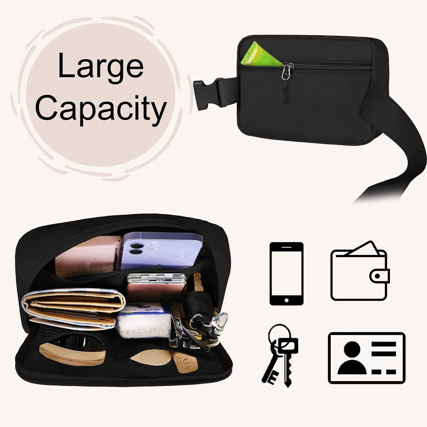 Fanny Packs for Women - Belt Bag for Women - Fanny Pack Crossbody Bags - Black Fanny Pack with Adjustable Strap, Fashion Cross Body Fanny Pack for Running