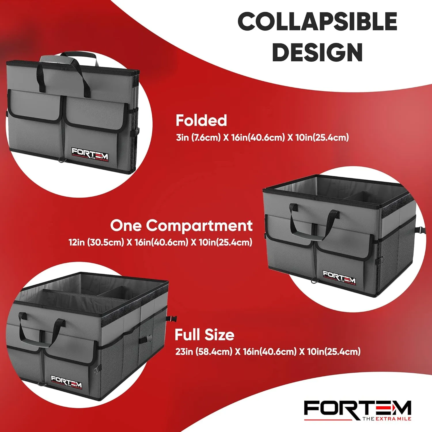 FORTEM Car Trunk Organizer, Collapsible Multi Compartment SUV Organizer, Foldable Storage for Car Accessories for Women Men, 600D Oxford, Non Slip Bottom, Securing Straps, Soft Cover (65L)