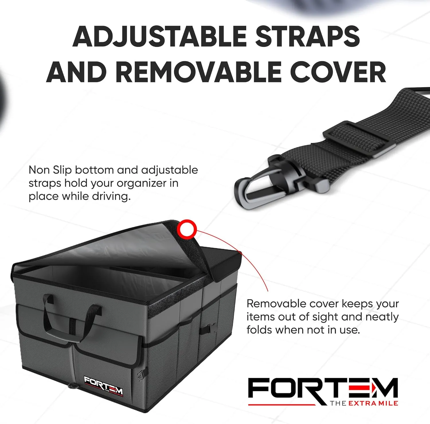 FORTEM Car Trunk Organizer, Collapsible Multi Compartment SUV Organizer, Foldable Storage for Car Accessories for Women Men, 600D Oxford, Non Slip Bottom, Securing Straps, Soft Cover (65L)