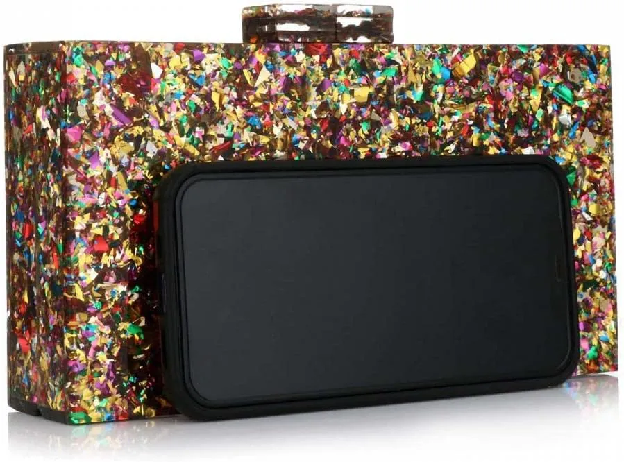 Gets Acrylic Purses and Handbags for Women Multicolor Perspex Geometric Patterns Box Clutch Banquet Evening Crossbody Handbag