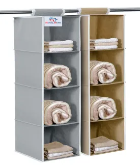 Heart Home Non Woven Hanging 4 Shelves Foldable Wardrobe/Closet Cloth Organizer (Grey & Brown)-Pack of 2-HHEART15332