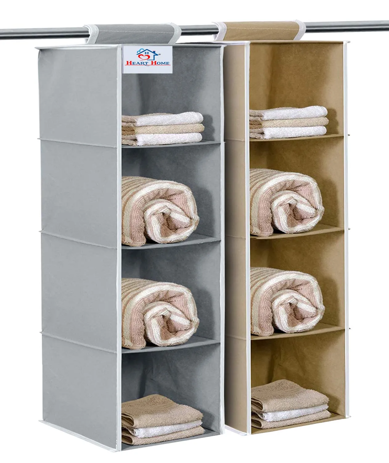 Heart Home Non Woven Hanging 4 Shelves Foldable Wardrobe/Closet Cloth Organizer (Grey & Brown)-Pack of 2-HHEART15332