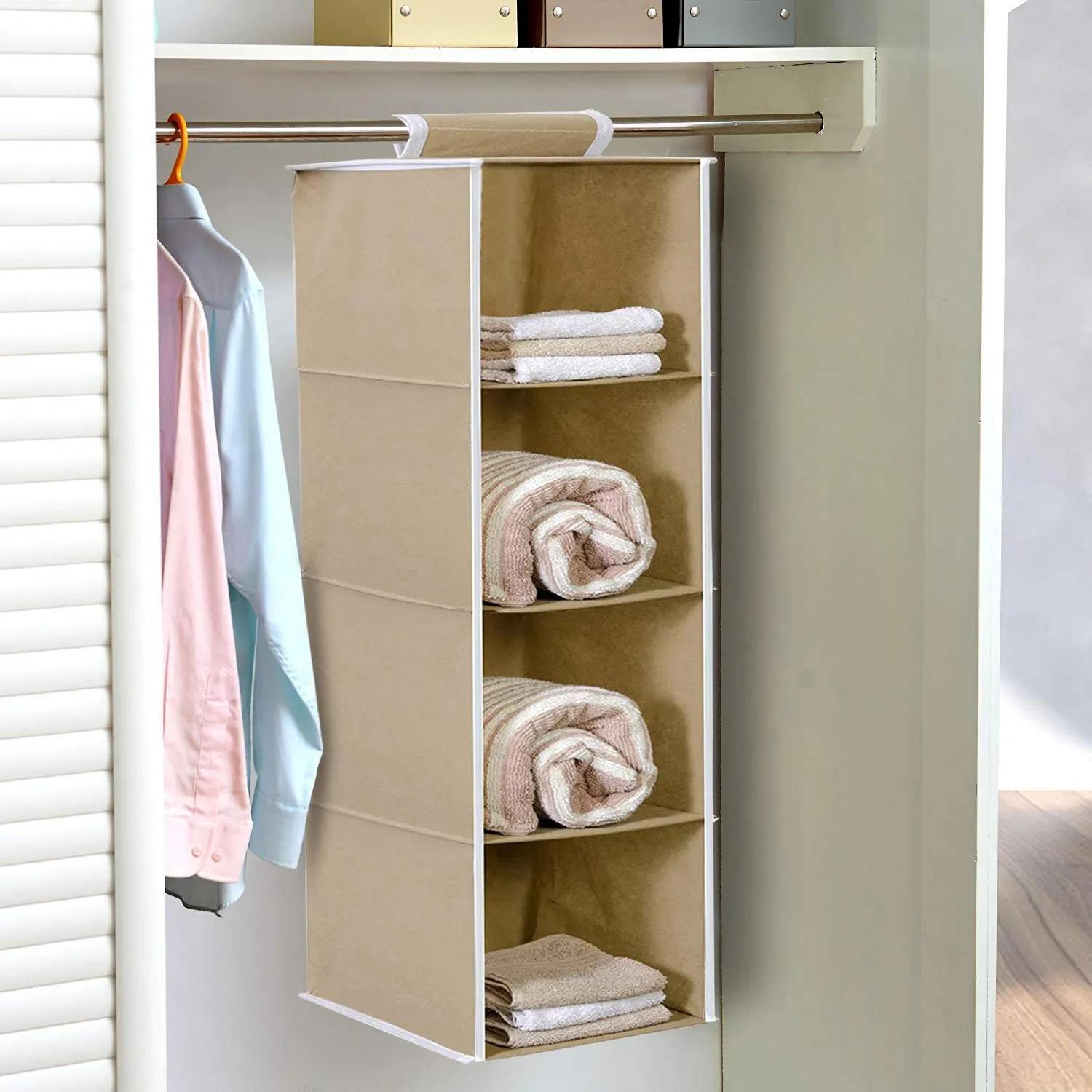 Heart Home Non Woven Hanging 4 Shelves Foldable Wardrobe/Closet Cloth Organizer (Grey & Brown)-Pack of 2-HHEART15332