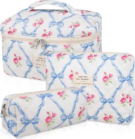 Makeup Bag Set, Quilted Makeup Bag, Large Floral Cosmetic Bag for Women, Cute Cotton Makeup Bags, Flower Travel Toiletry Organizer Bag (Blue Flower)