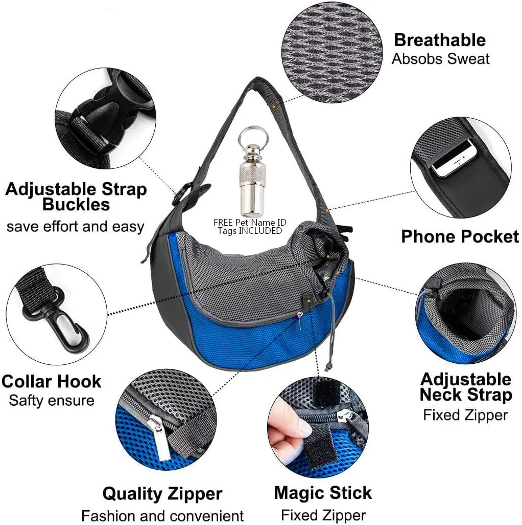 Pet Dog Sling Carrier Cat Travel Bag Adjustable Strap Hands Free Puppy Papoose Bag with Stainless Steel Name Identification Barrel Tube Collar ID Tags (Blue(up to 10 lbs))