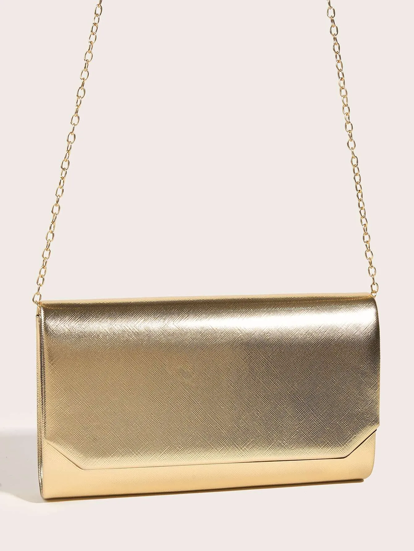 SHEIN Fashionable Metal Gold Color Pu Leather Envelope Clutch Bag With Fine Cross Textured Design For Women, Come With Chain