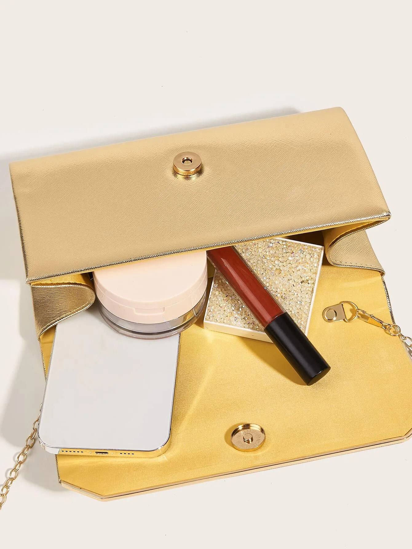 SHEIN Fashionable Metal Gold Color Pu Leather Envelope Clutch Bag With Fine Cross Textured Design For Women, Come With Chain