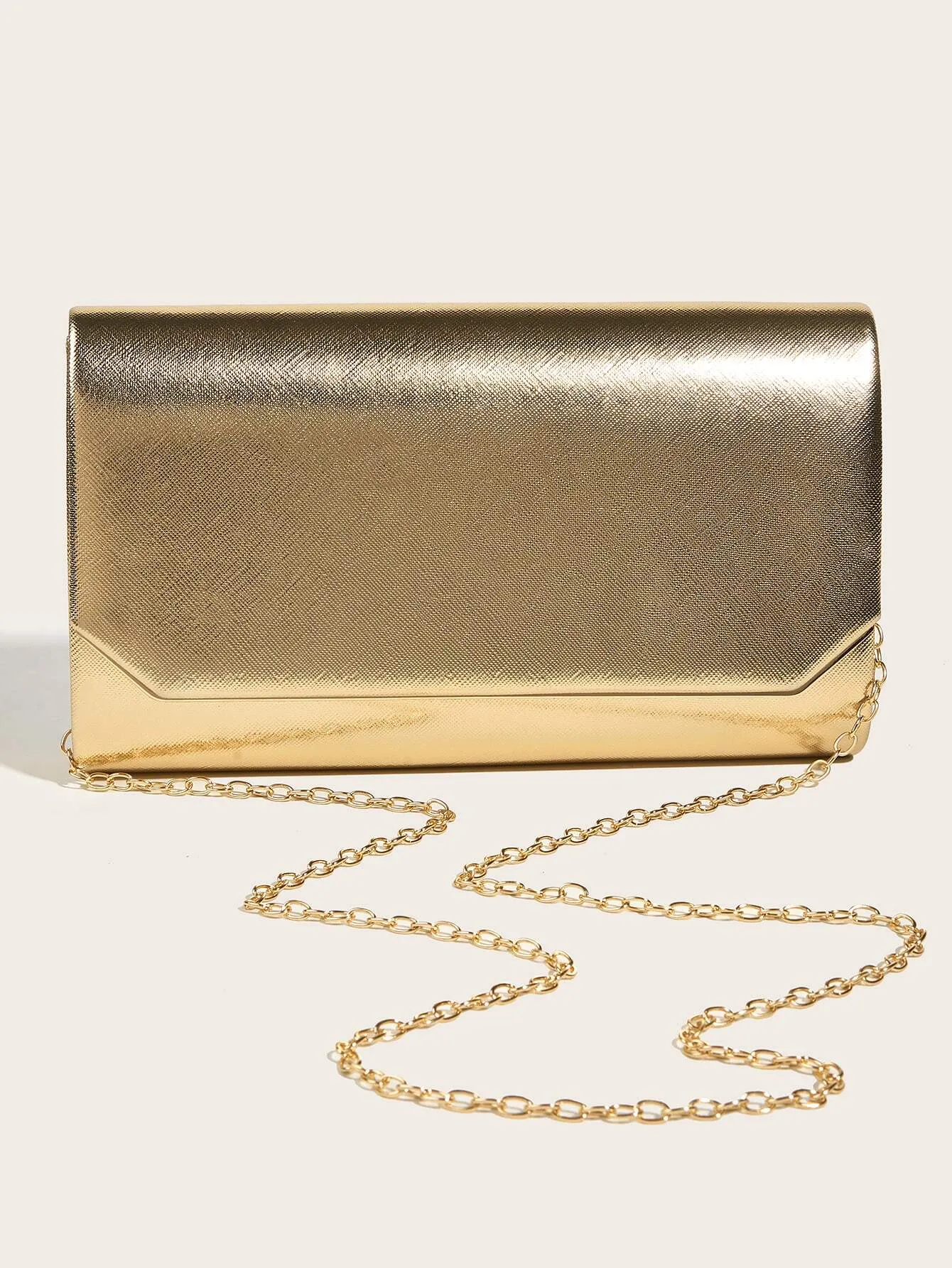 SHEIN Fashionable Metal Gold Color Pu Leather Envelope Clutch Bag With Fine Cross Textured Design For Women, Come With Chain
