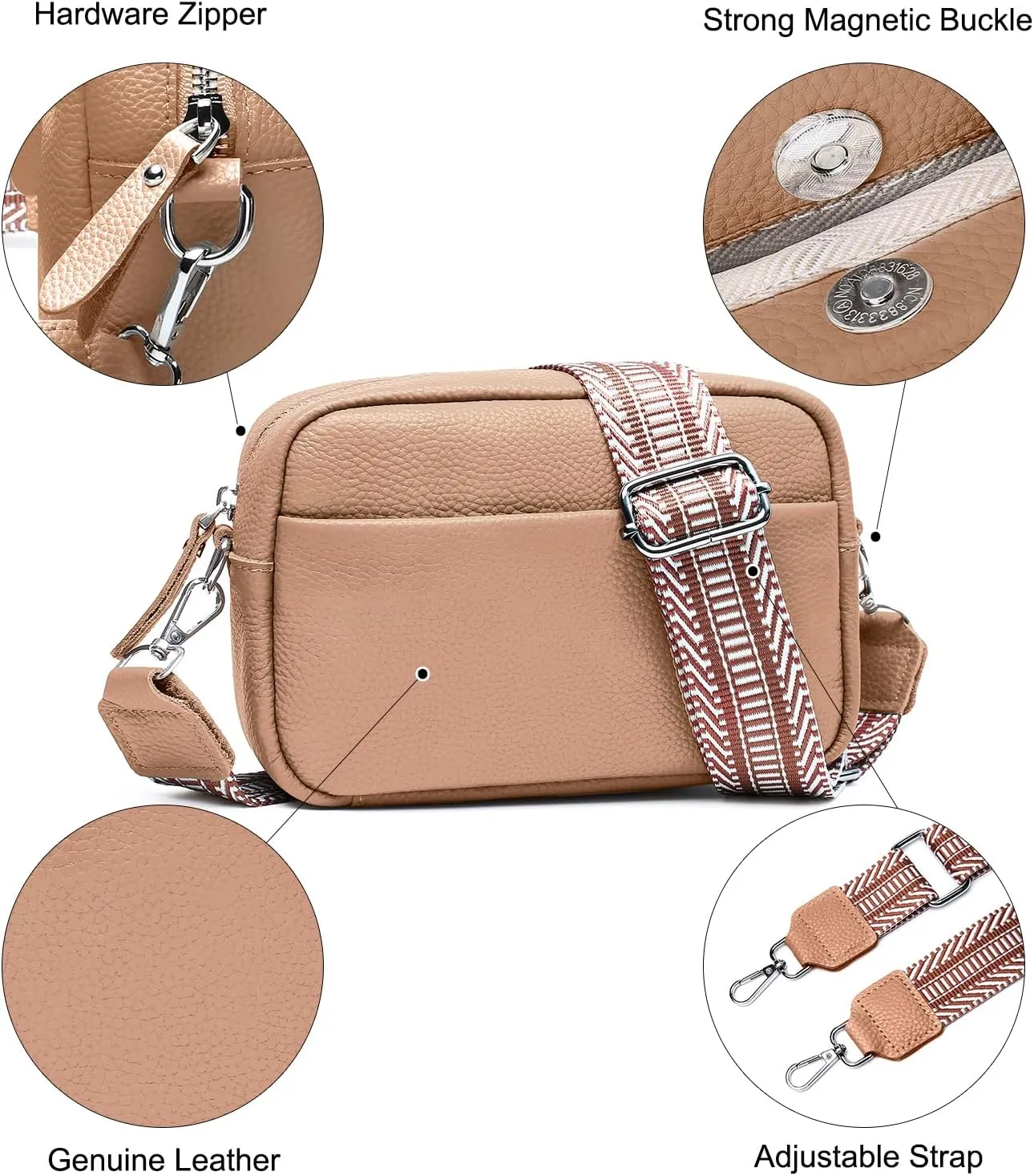 Small Crossbody Bags for Women Genuine Leather, Guitar Strap Shoulder Handbag Purse Camera Bag with Rfid Card Slots