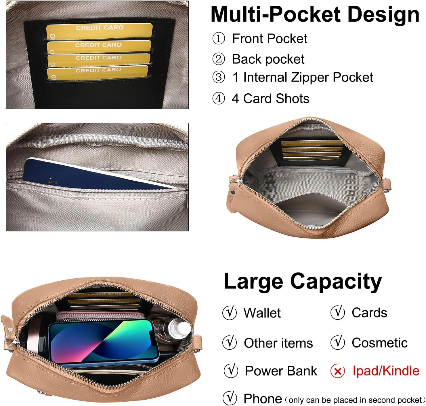 Small Crossbody Bags for Women Genuine Leather, Guitar Strap Shoulder Handbag Purse Camera Bag with Rfid Card Slots