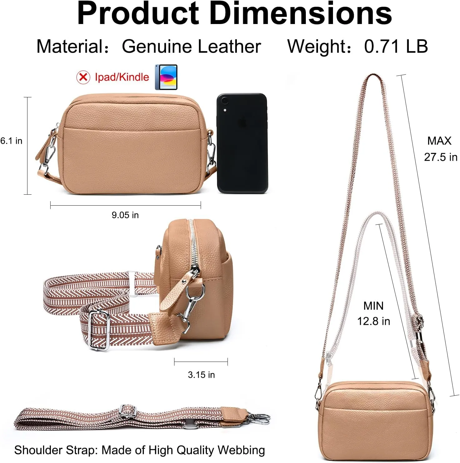Small Crossbody Bags for Women Genuine Leather, Guitar Strap Shoulder Handbag Purse Camera Bag with Rfid Card Slots