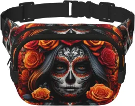 Square Sugar-Skull-Face-Roses Double-Layer Sport Fanny Pack Waist Pack Large Crossbody Waist Bag For Running Travel Walking