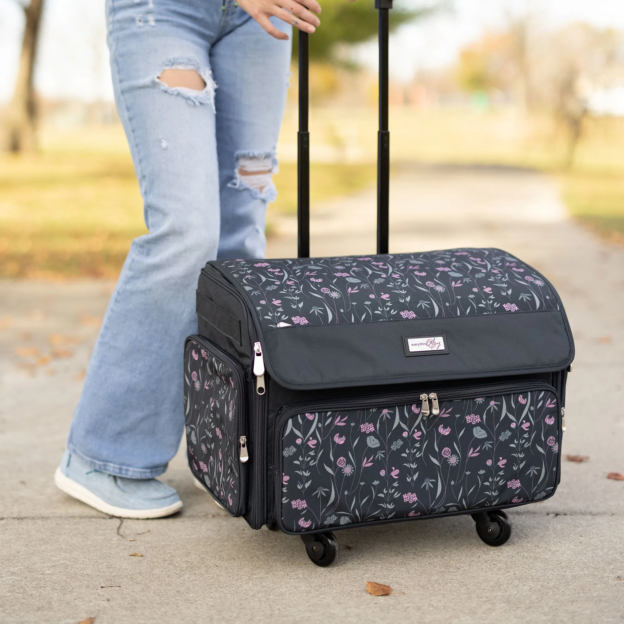 XL 4 Wheel Collapsible Deluxe Rolling Sewing Machine Storage Case, Black & Floral