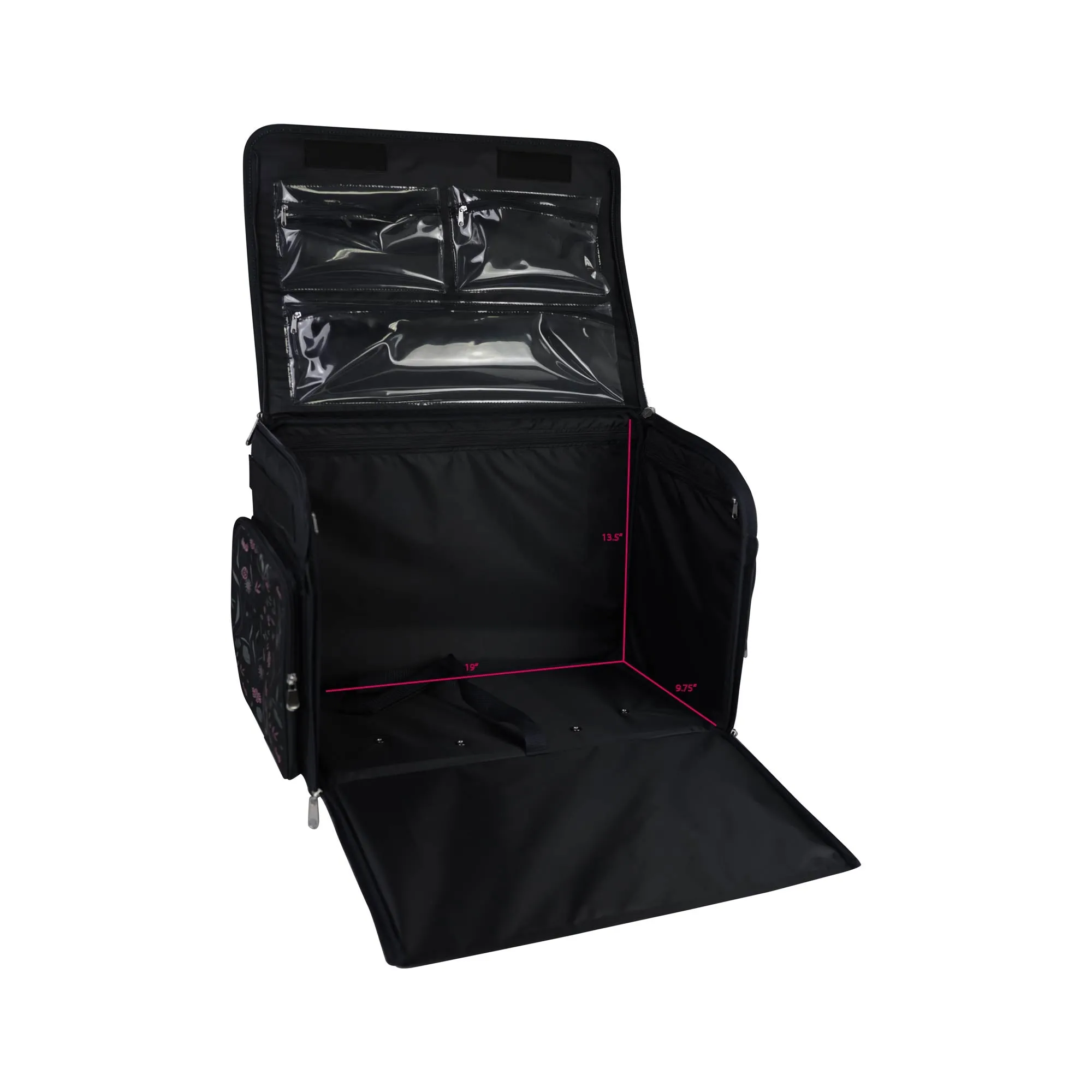 XL 4 Wheel Collapsible Deluxe Rolling Sewing Machine Storage Case, Black & Floral