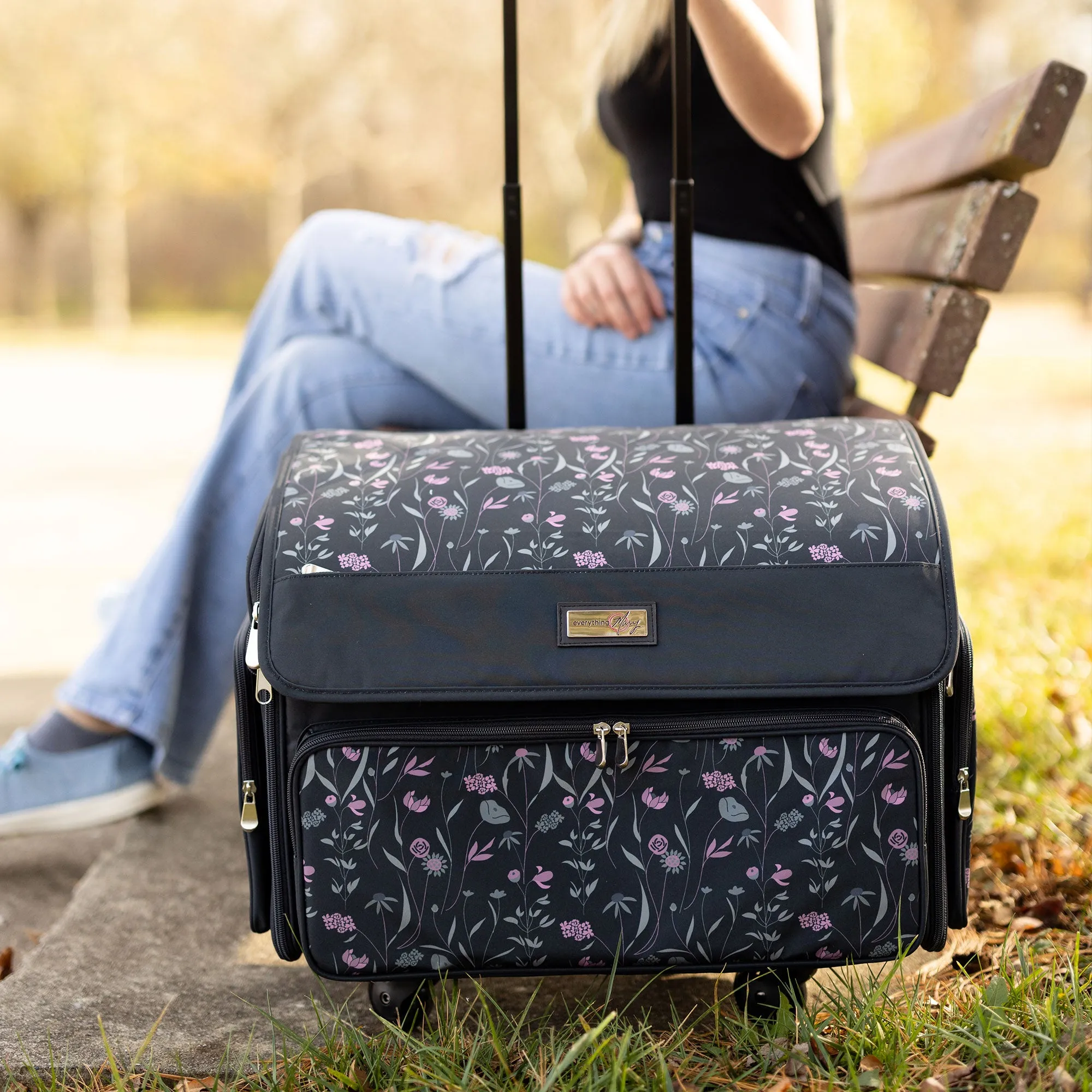 XL 4 Wheel Collapsible Deluxe Rolling Sewing Machine Storage Case, Black & Floral